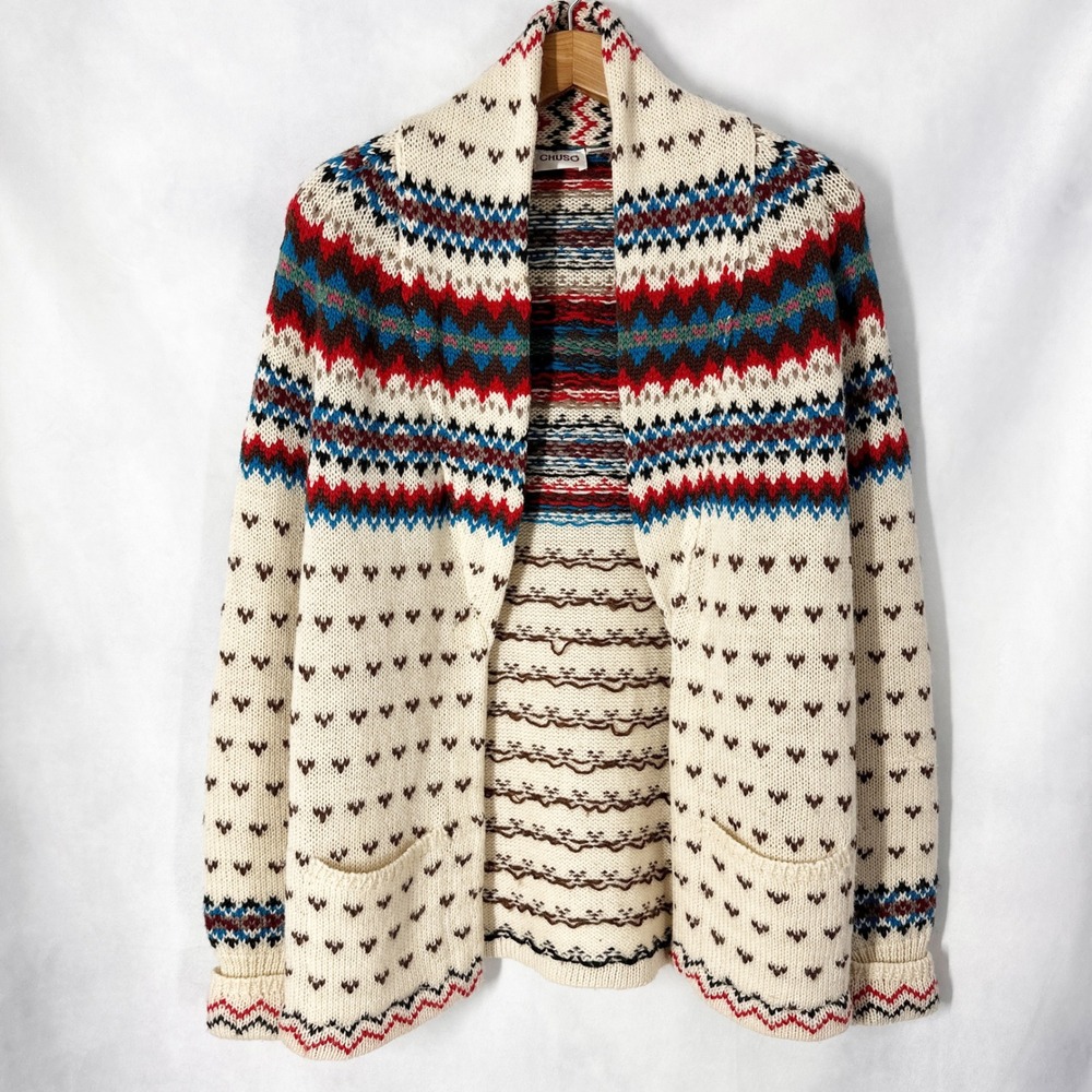 70s Chuso Wool  Fair Isle Cream Cardigan Mid-length Women's Size Medium
